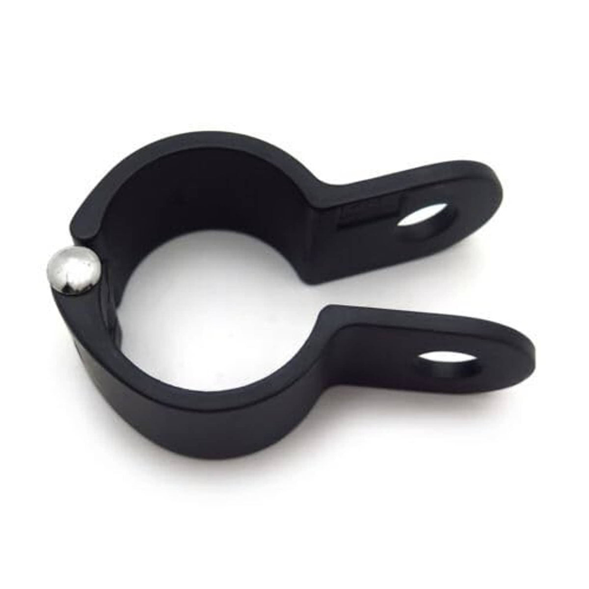 Black motorcycle footpeg clamp with open circular pivot and side handle tabs