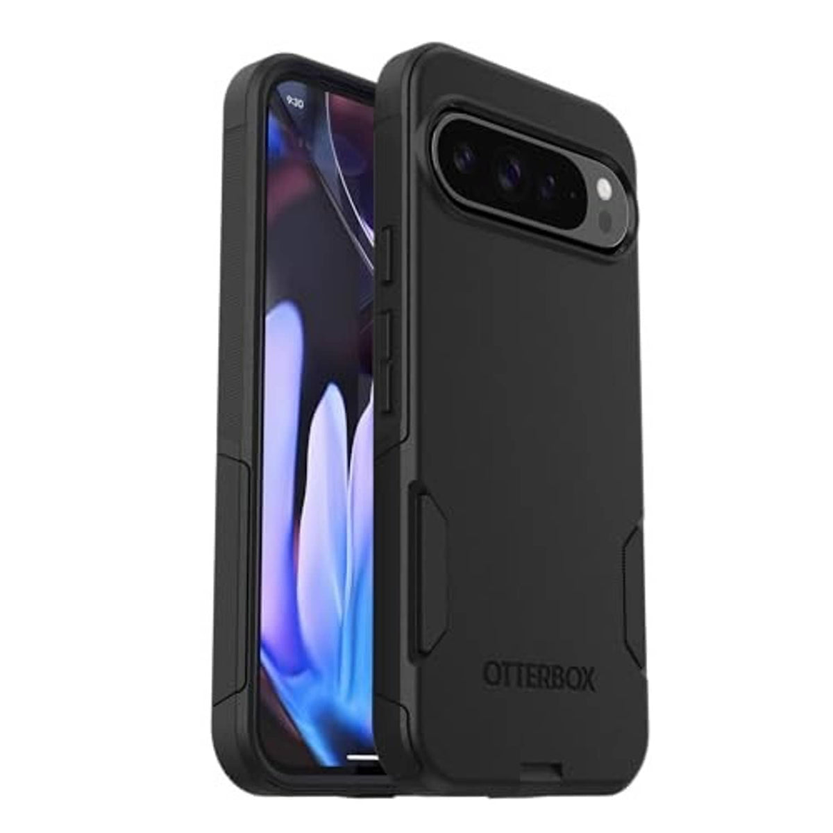 Black protective phone case with side buttons and raised camera cutout