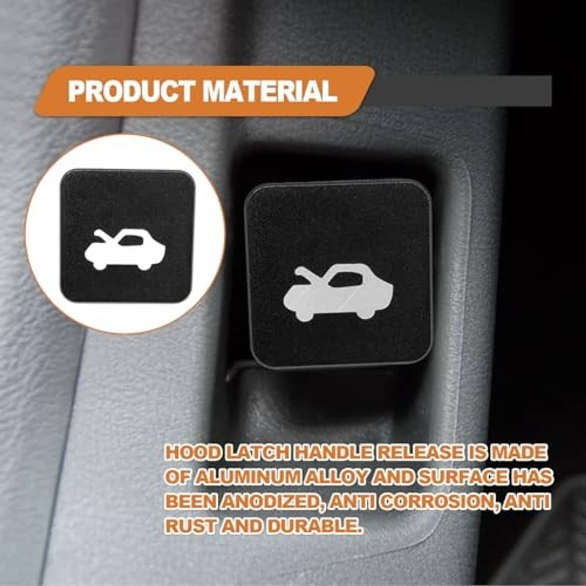 Black hood latch release button with wrench icon, shown in close-up on car panel.