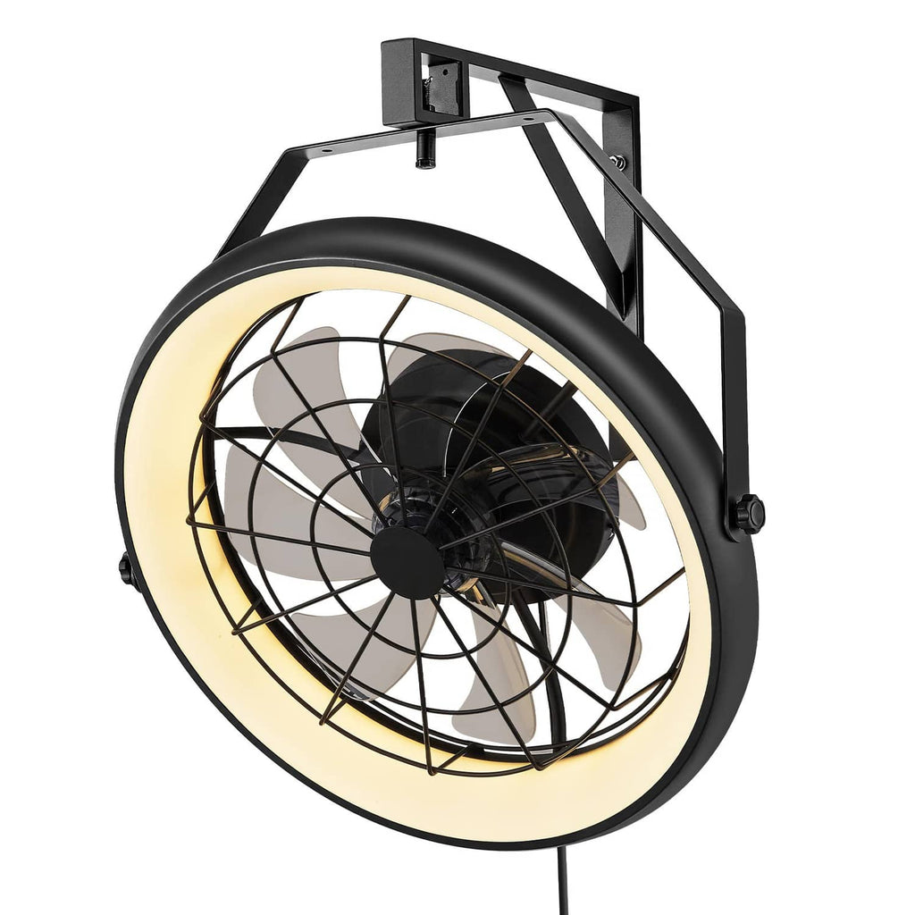 Wall-mount fan with light with warm interior ring glow and angled mounting frame