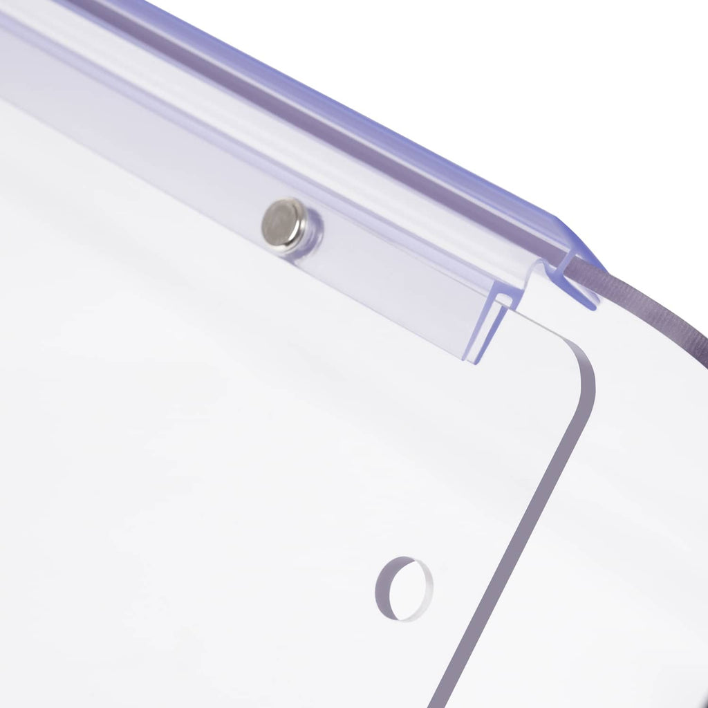 Clear folding golf cart windshield panel with purple frame and black mounting hardware