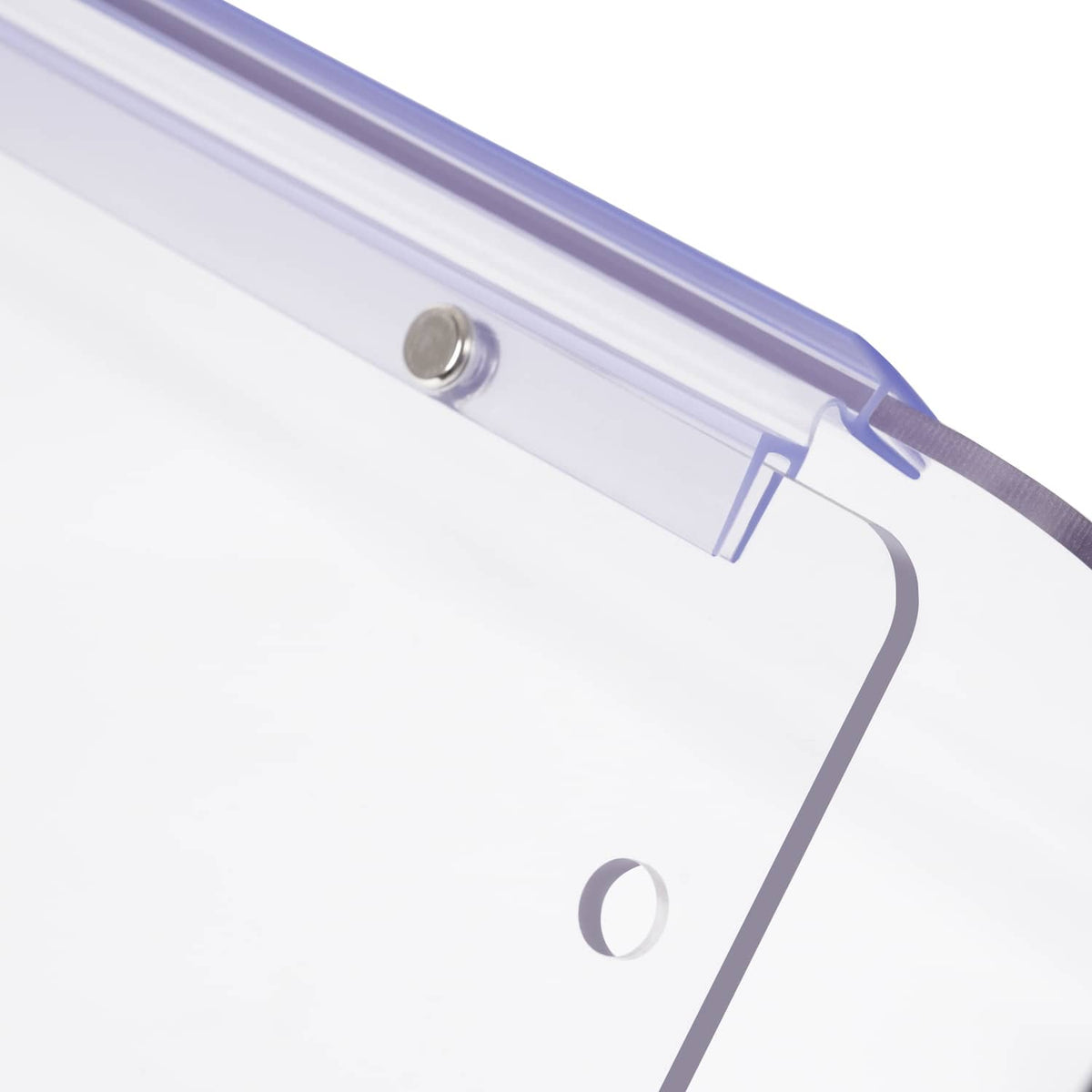 Clear folding golf cart windshield panel with purple frame and black mounting hardware