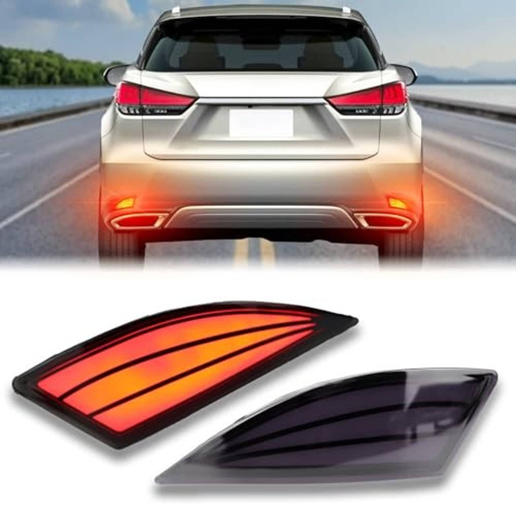 Red LED rear bumper reflector pair with smoked black housing and curved clear lens