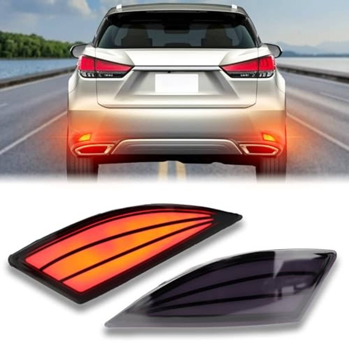 Red LED rear bumper reflector pair with smoked black housing and curved clear lens