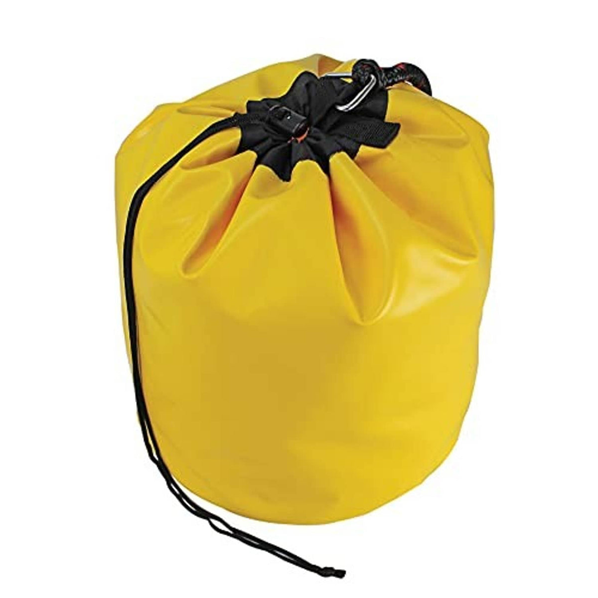 Yellow buoy anchor bag with black cinch strap and lashing