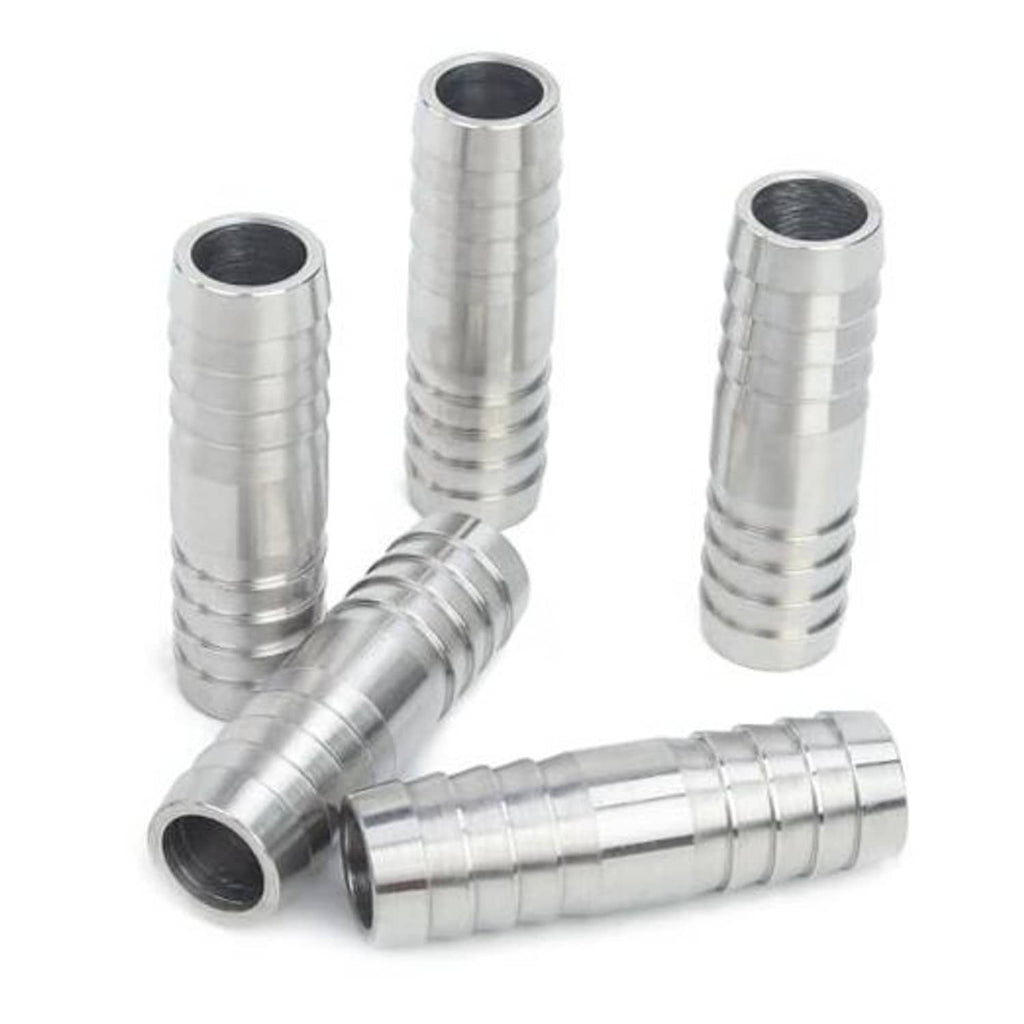Stainless steel barbed hose splicer mender fitting with multiple ridged barbs