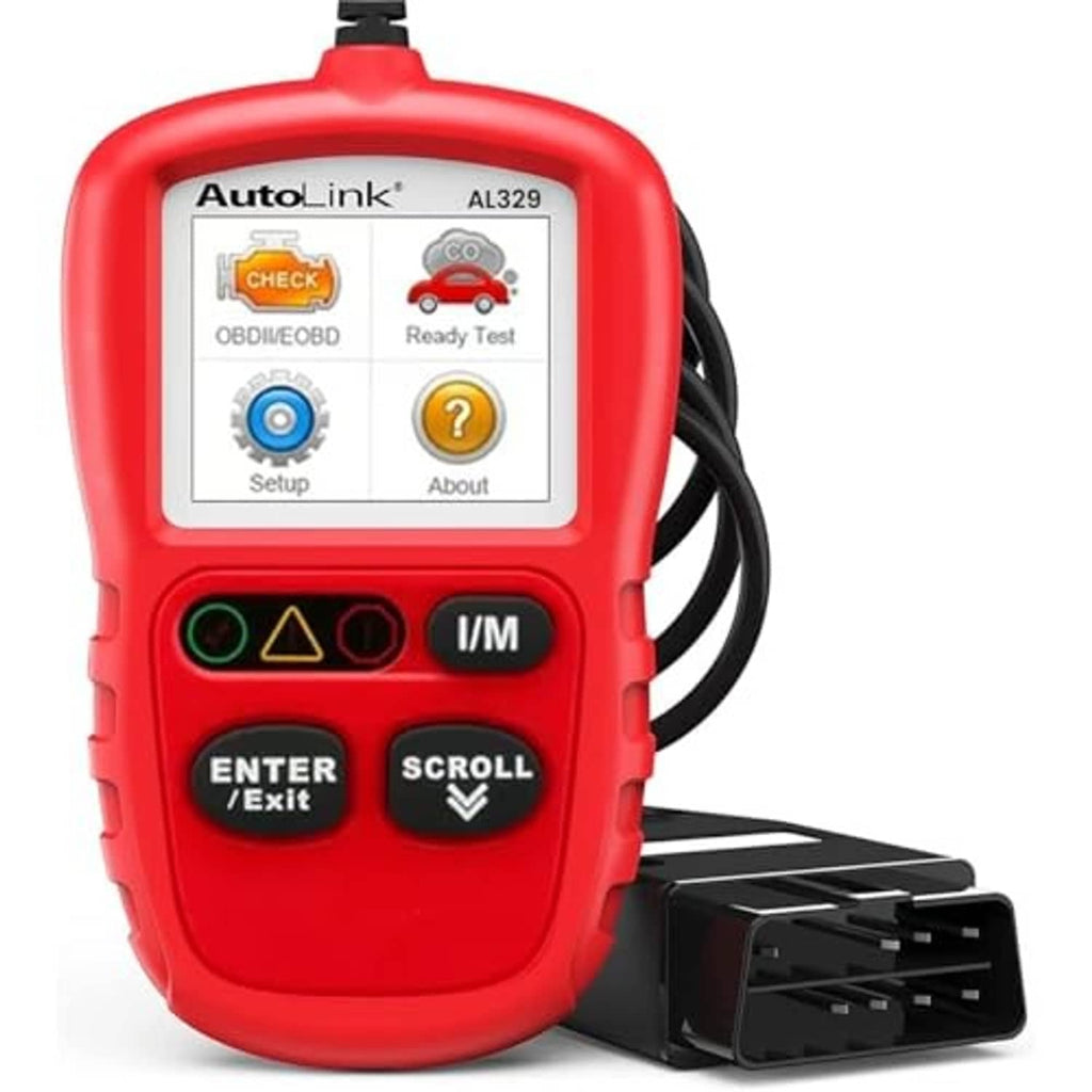 Red OBDII code reader with LCD display, buttons, and connected black OBD cable