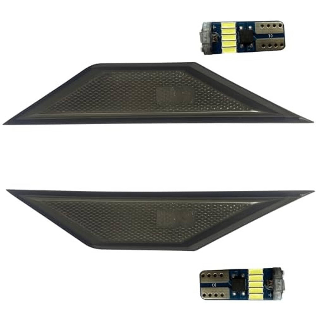 Set of dark smoke side marker lenses with LED bulb module shown on white