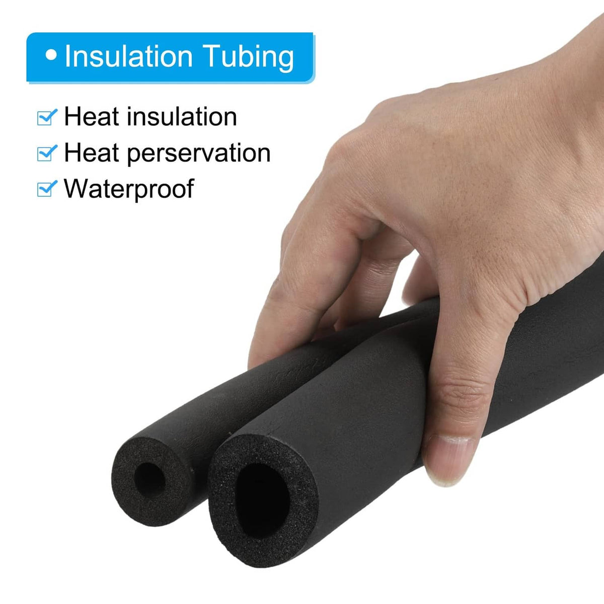 Black foam pipe insulation tubing held by a hand, two hollow sleeves