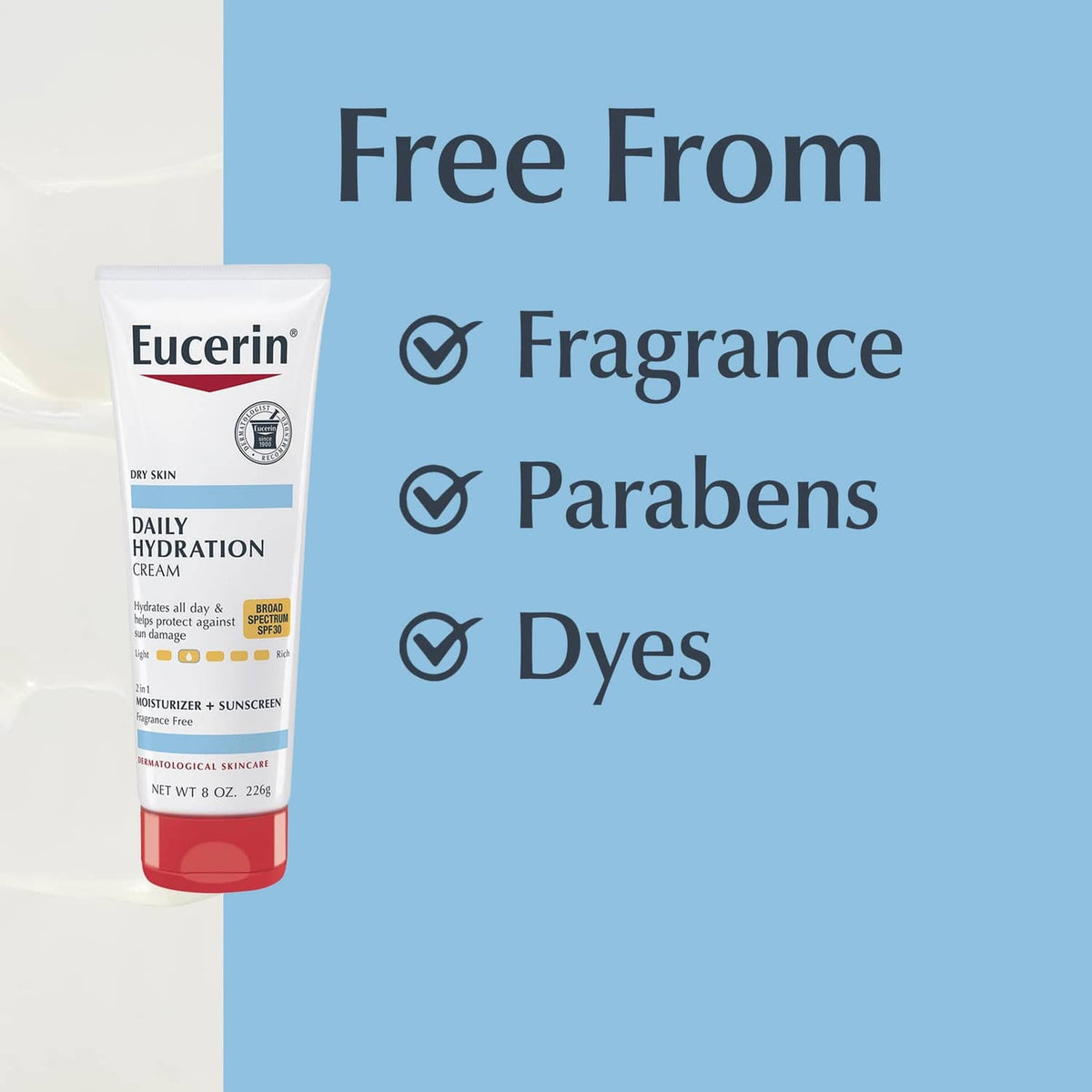Sunscreen body cream with free-from icons for fragrance, parabens, and dyes