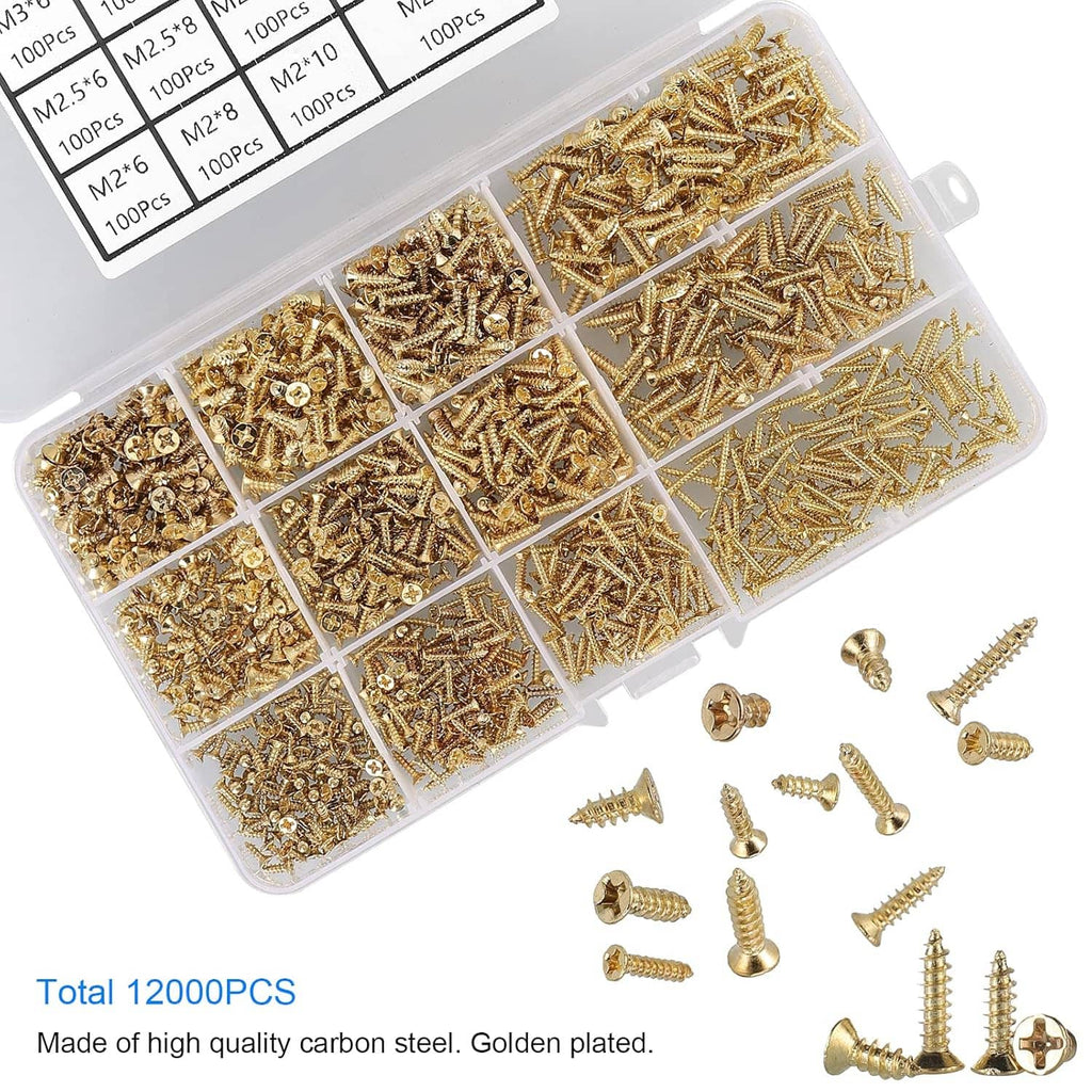 Gold plated self tapping screws assorted in clear grid organizer, plus loose screws
