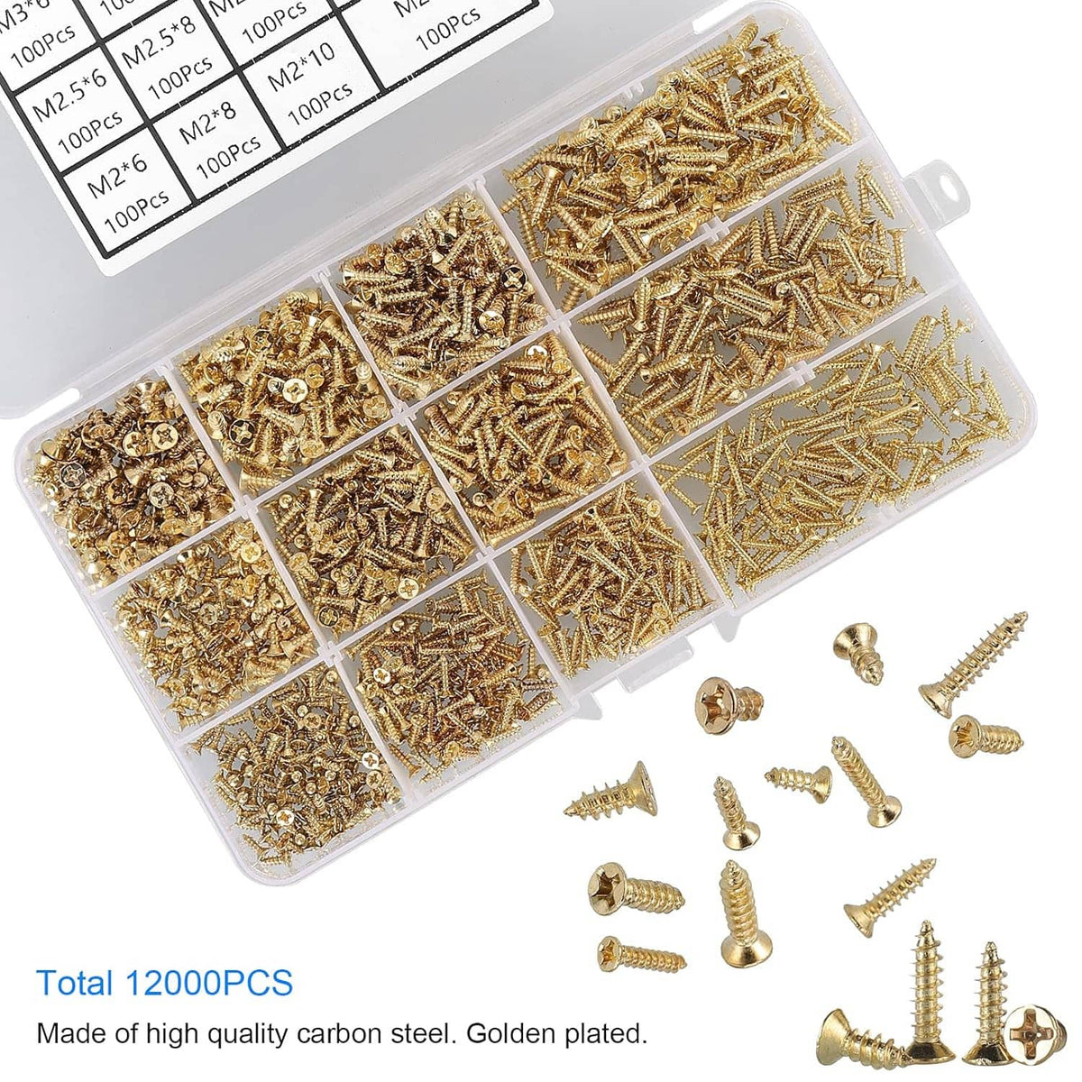 Gold plated self tapping screws assorted in clear grid organizer, plus loose screws