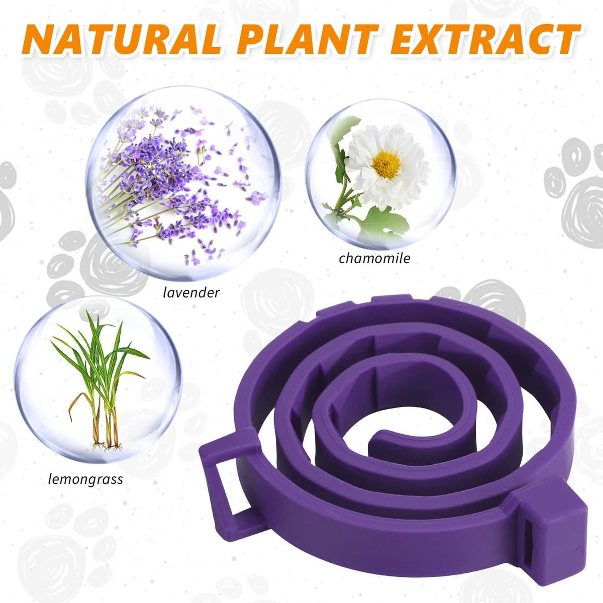 Purple adjustable calming pet collar coil, paired with natural plant extract options