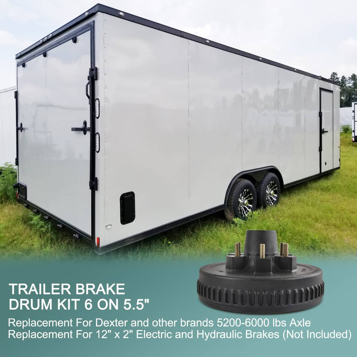 Black trailer brake hub drum kit installed with wheel for replacement brake drum use