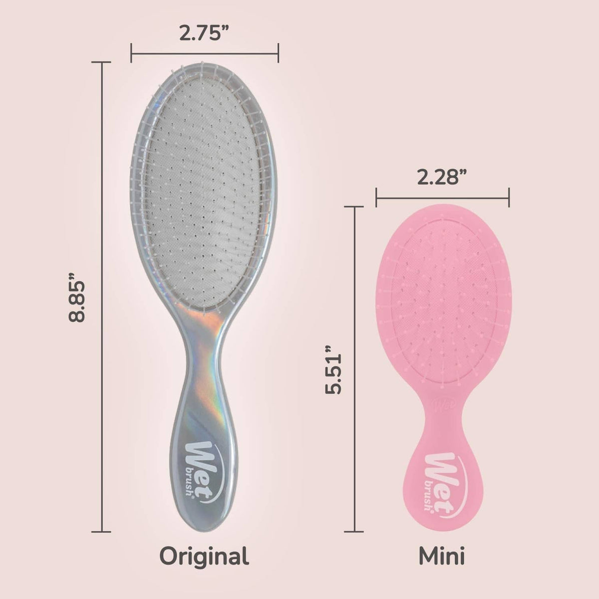 Original and mini detangling brushes with oval cushion bristles, iridescent handle