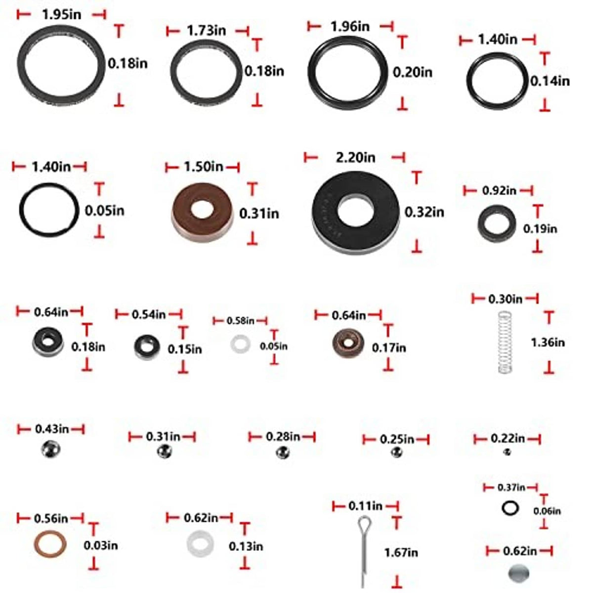 Floor jack seal rings and pins shown with size markings