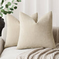 Cement textured chenille throw pillow, beige square cushion with stitched seam lines.