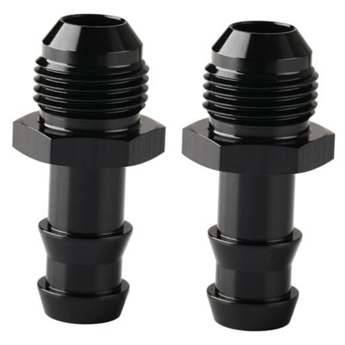 Black 8AN male flare-to-1/2 hose barb straight fitting, threaded connector set