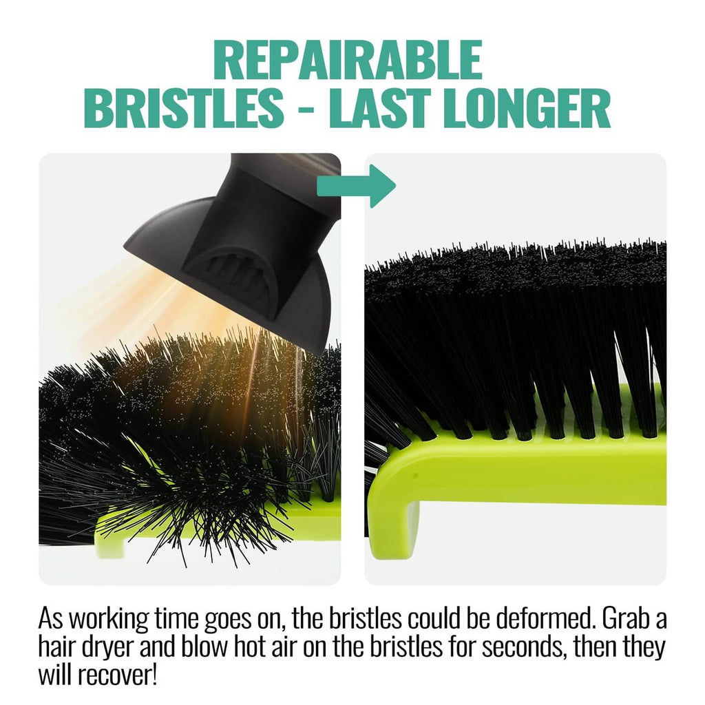 Pool brush head with repairable black bristles on a green base strip.