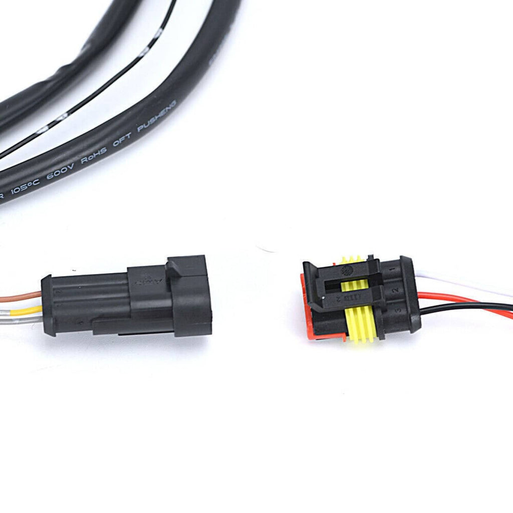 Projector headlight conversion harness connector pair with pin terminals and colored wire leads