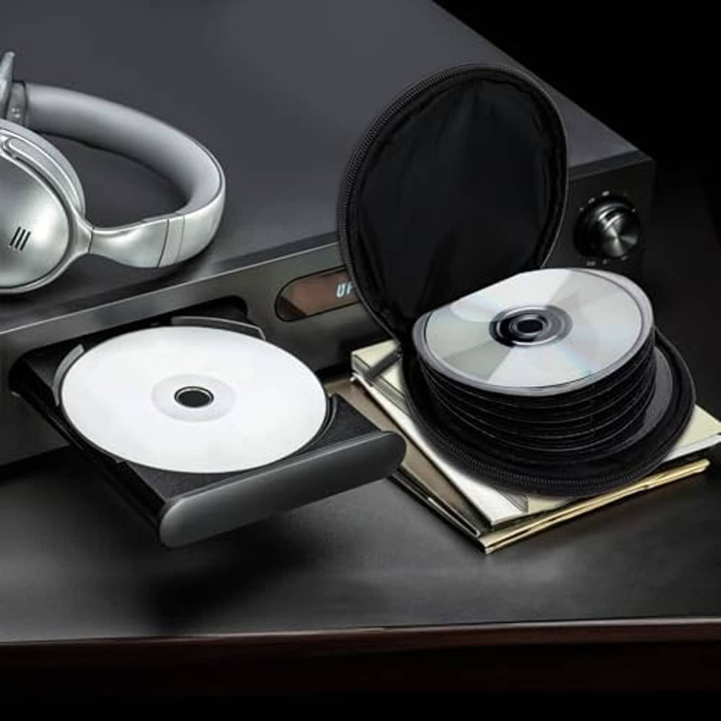 Black round CD/DVD storage pouch with zipper, displayed with stacked discs