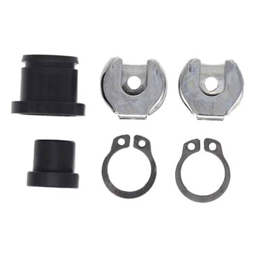 Manual shift cable bushing repair kit parts: black sleeves, metal clamps, retaining rings