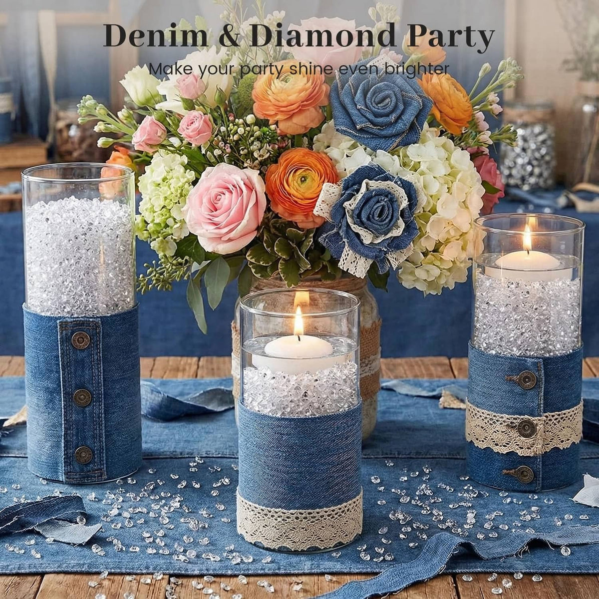 Clear faux rhinestone beads inside glass candle holders on a party table