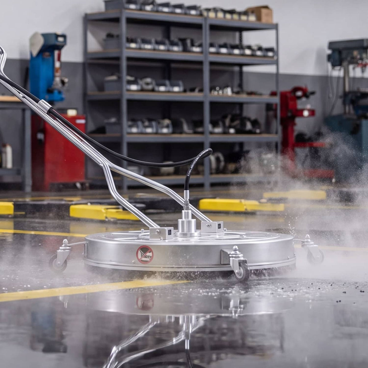 Surface cleaner base blasting water mist, steel handle and caster wheels