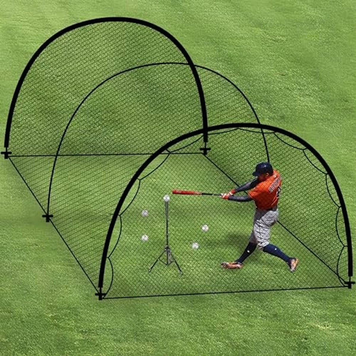 Batting cage net with black poles and green mesh, baseball and player mid-swing
