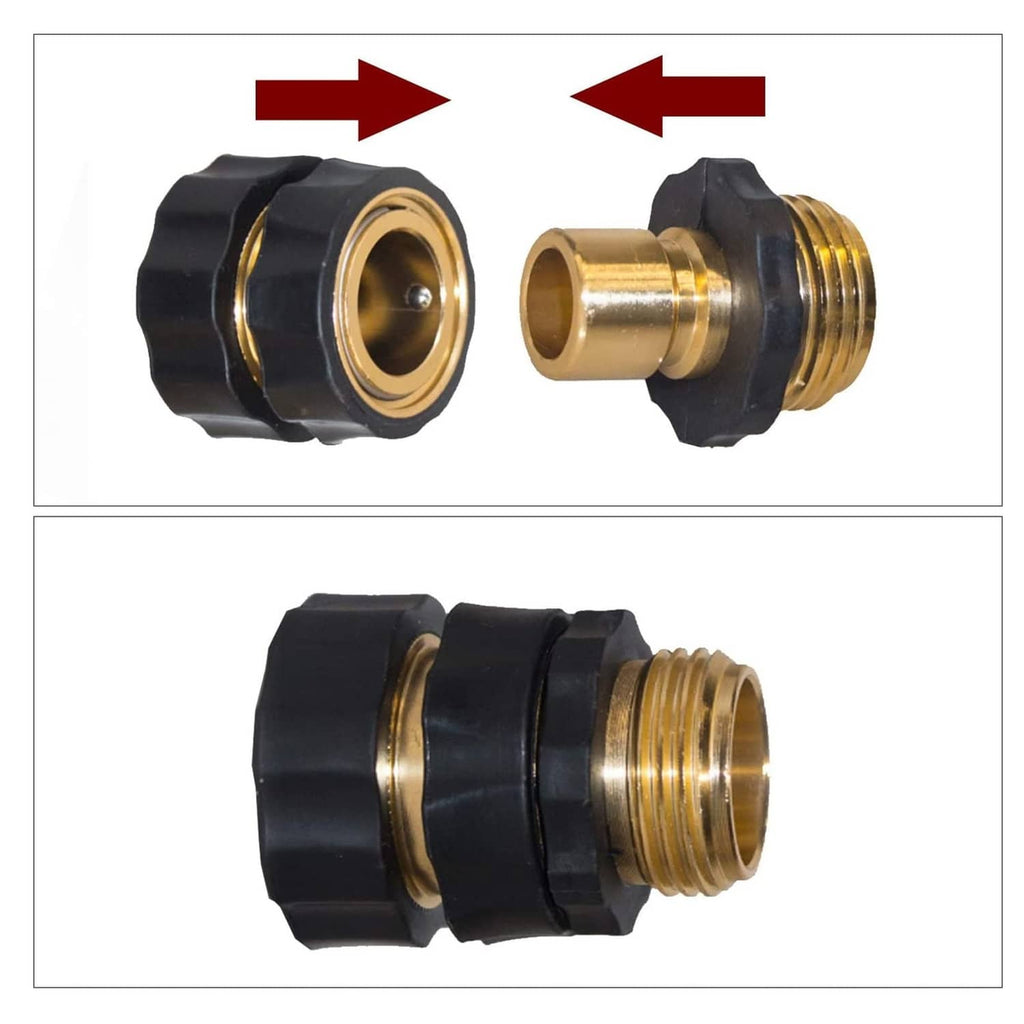 Pair of gold quick connectors with black grips, showing connection alignment arrows