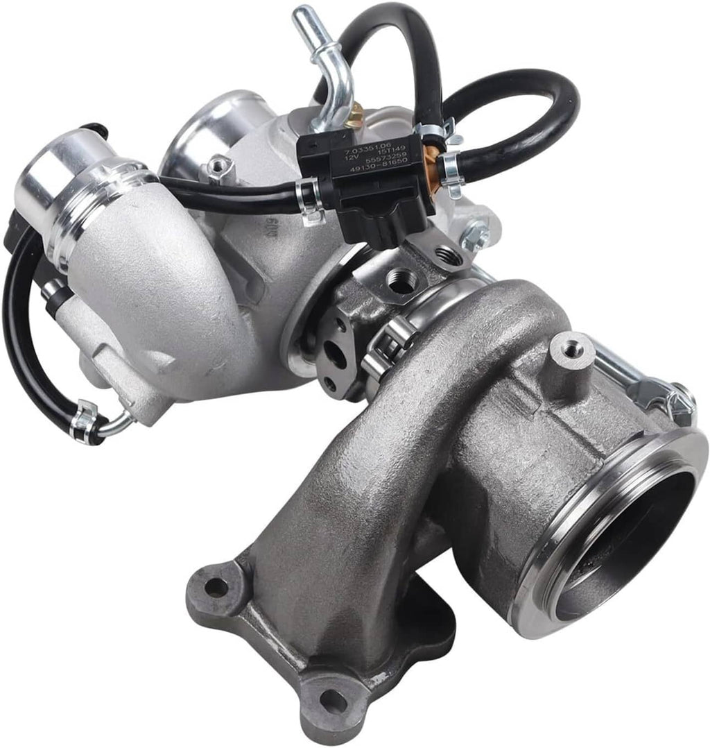 Turbocharger angled view with silver outlet housing and black hose connected to module