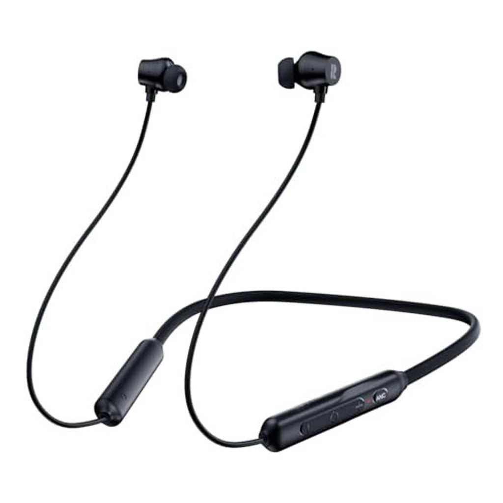 Black wireless neckband earbuds with dual earbud speakers and inline control module