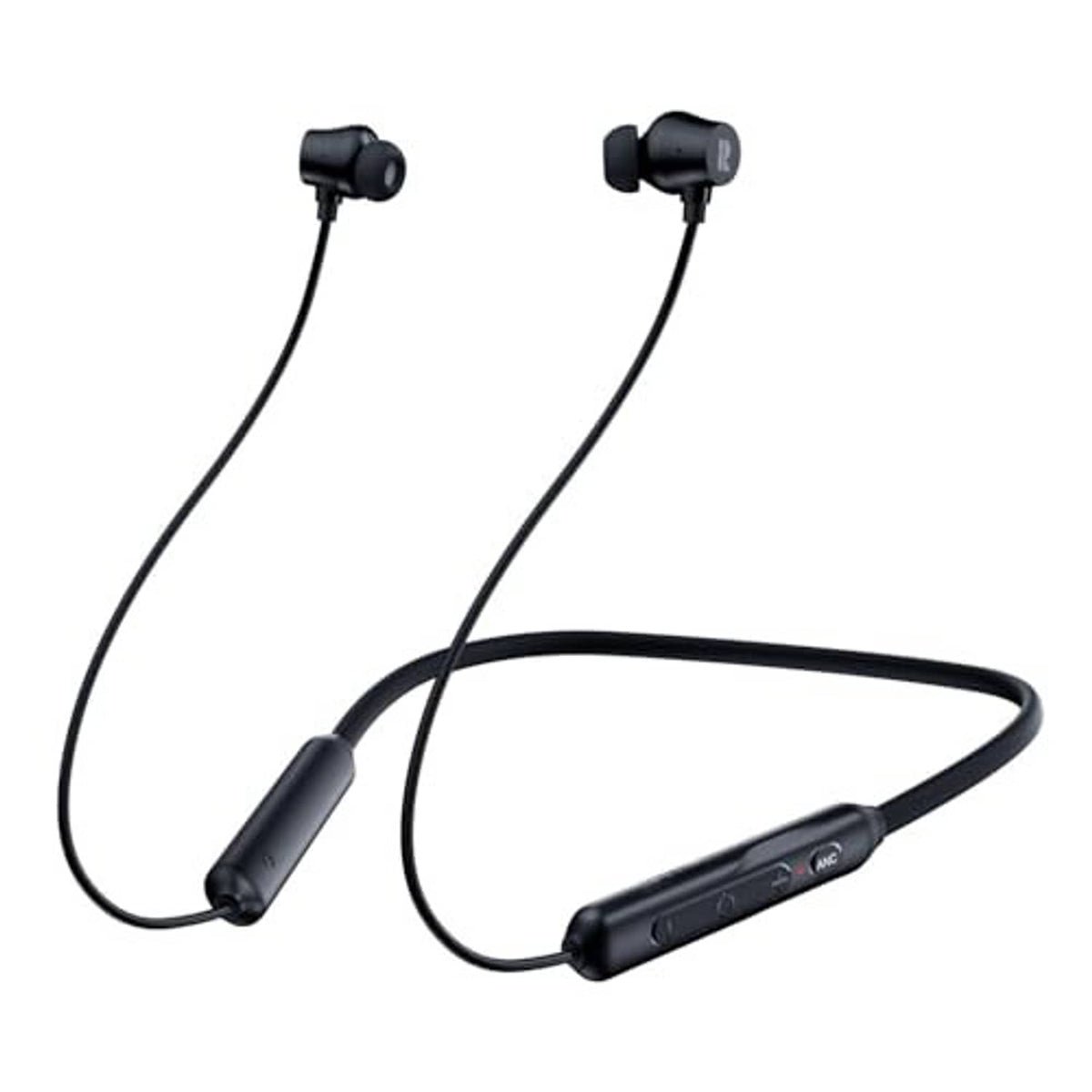 Black wireless neckband earbuds with dual earbud speakers and inline control module