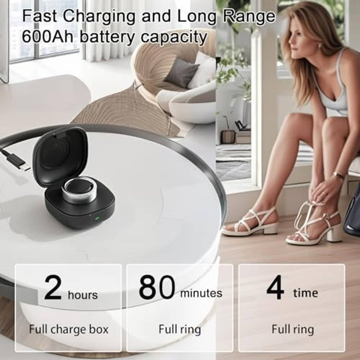 Black wireless charging case with ring dock and metallic contact ring on charging pad