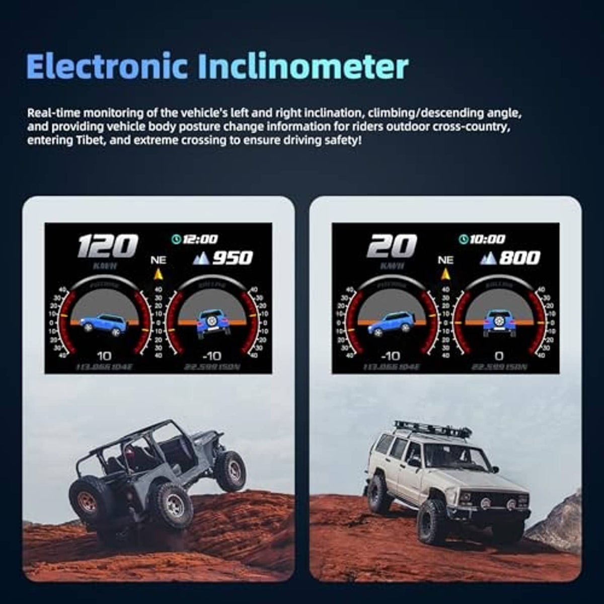 Car HUD display showing electronic inclinometer gauges with vehicle angle dials