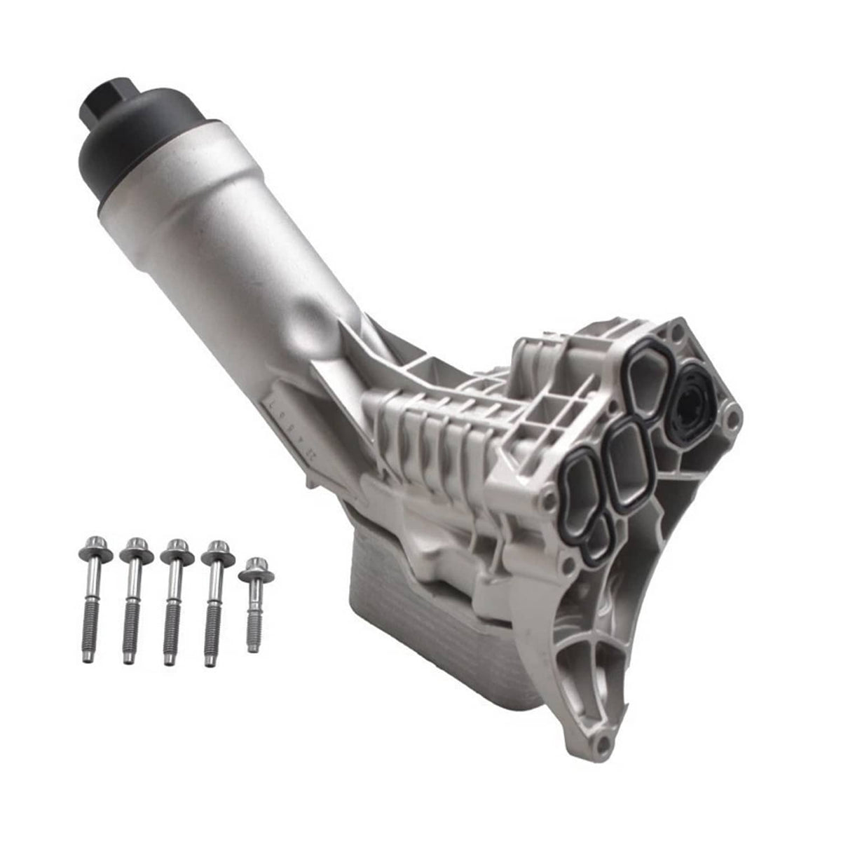Oil cooler filter housing with black rubber end cap and multi-ported mounting face