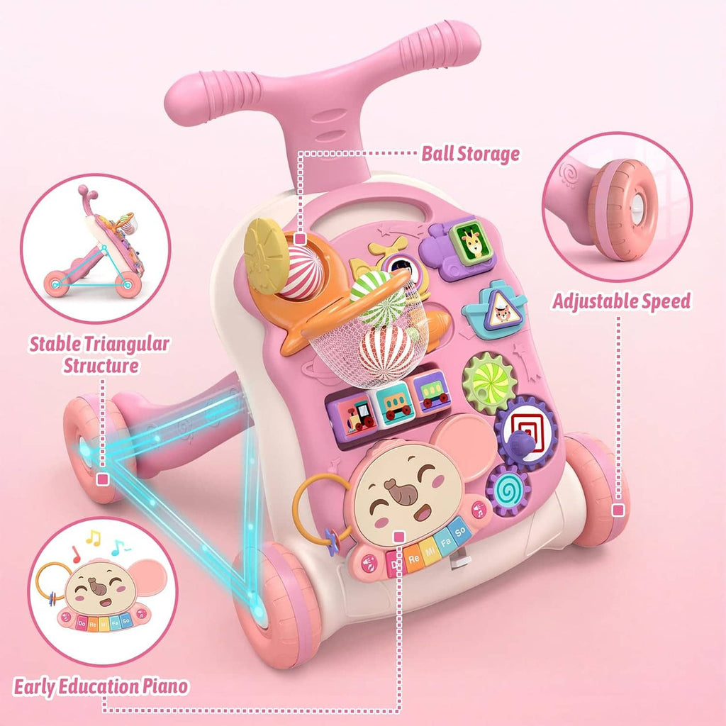 Pink baby walker with activity panel and front toy piano, with ball storage area on top