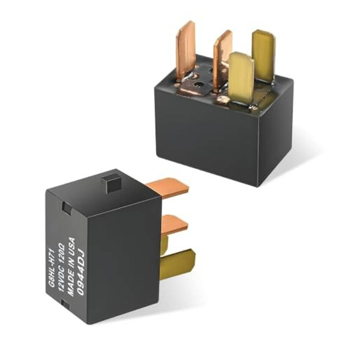 Two black 4-pin car relays with copper and gold-toned contact pins