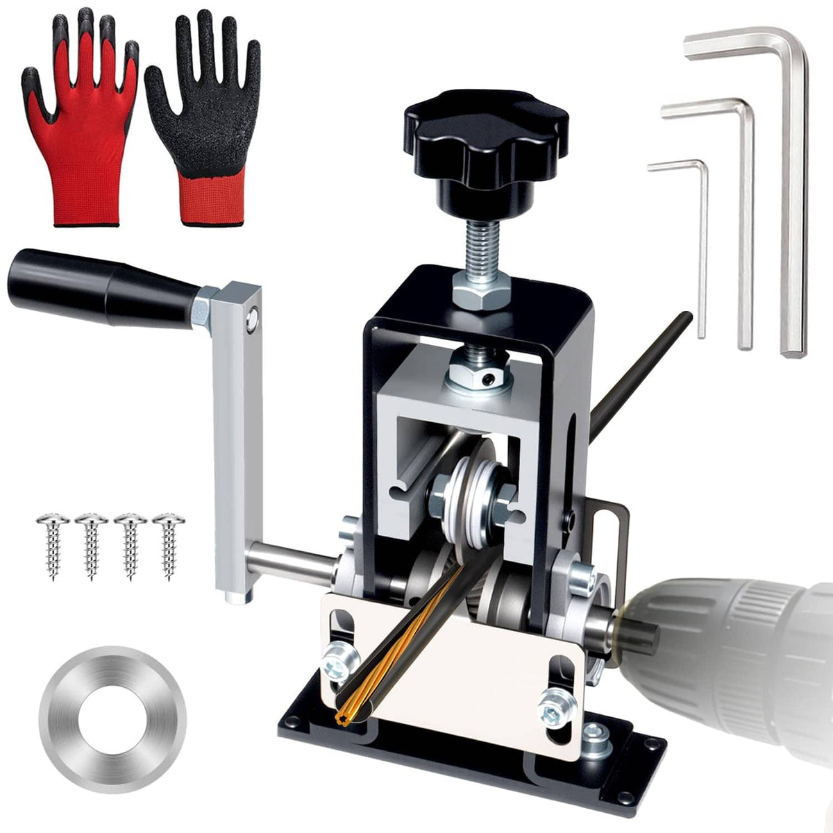 Manual wire stripping machine with black housing and silver handle, plus wire guide tools