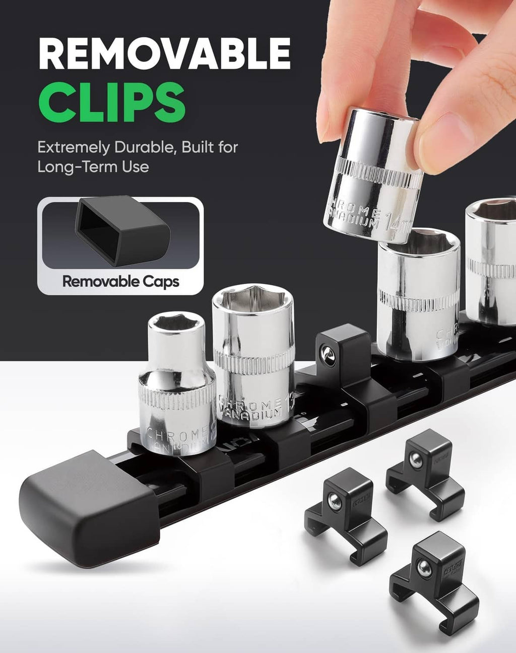 Black socket organizer rail with removable socket clips and metal sockets