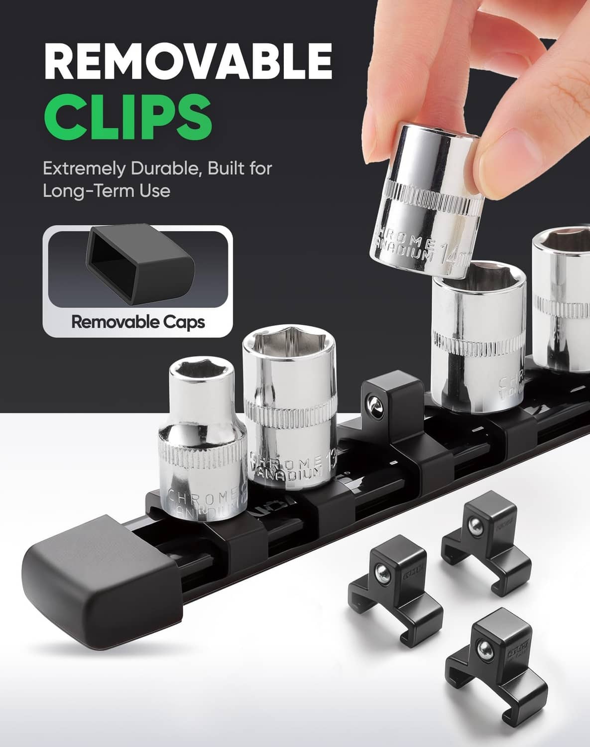 Black socket organizer rail with removable socket clips and metal sockets