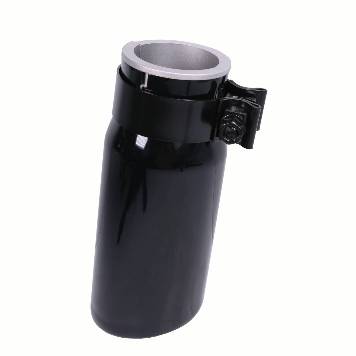 Black exhaust tip with silver inlet rim and side mounting clamp, front-angled view