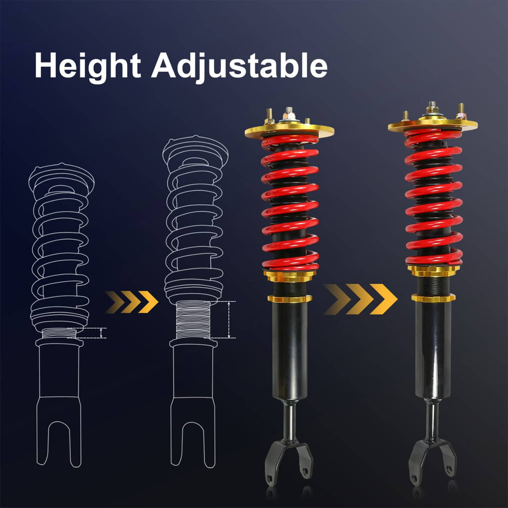 Two coilover struts with red springs, black shock bodies, and gold top hats