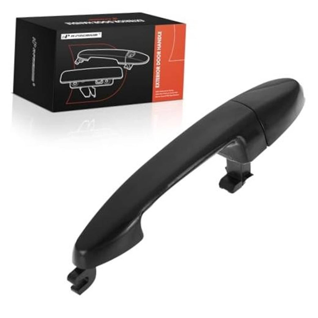 Black exterior door handle with curved lever and side mounting bracket tabs