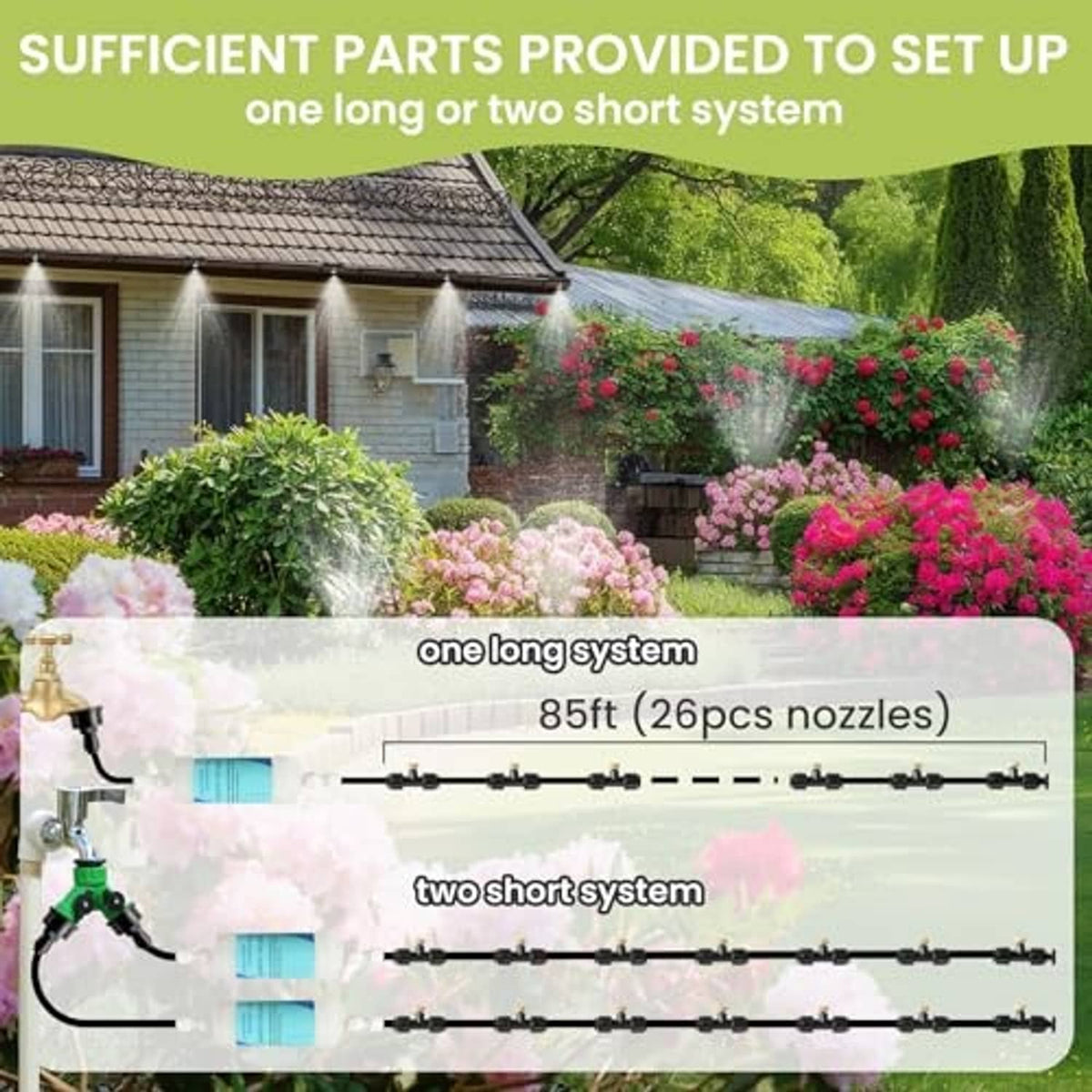 Outdoor misting kit hose with nozzles and connectors, for single or split run