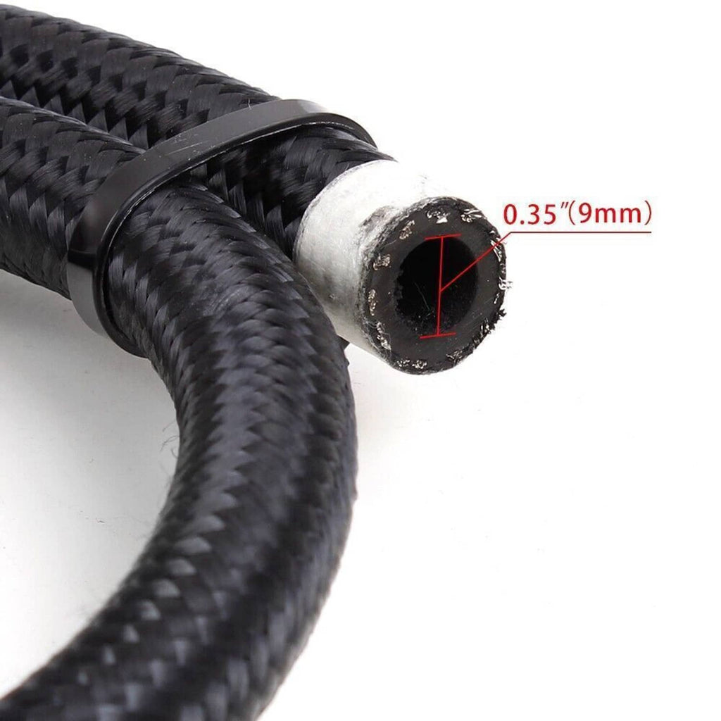 Close-up of black braided fuel hose with end fitting, marked 0.35" (9mm)