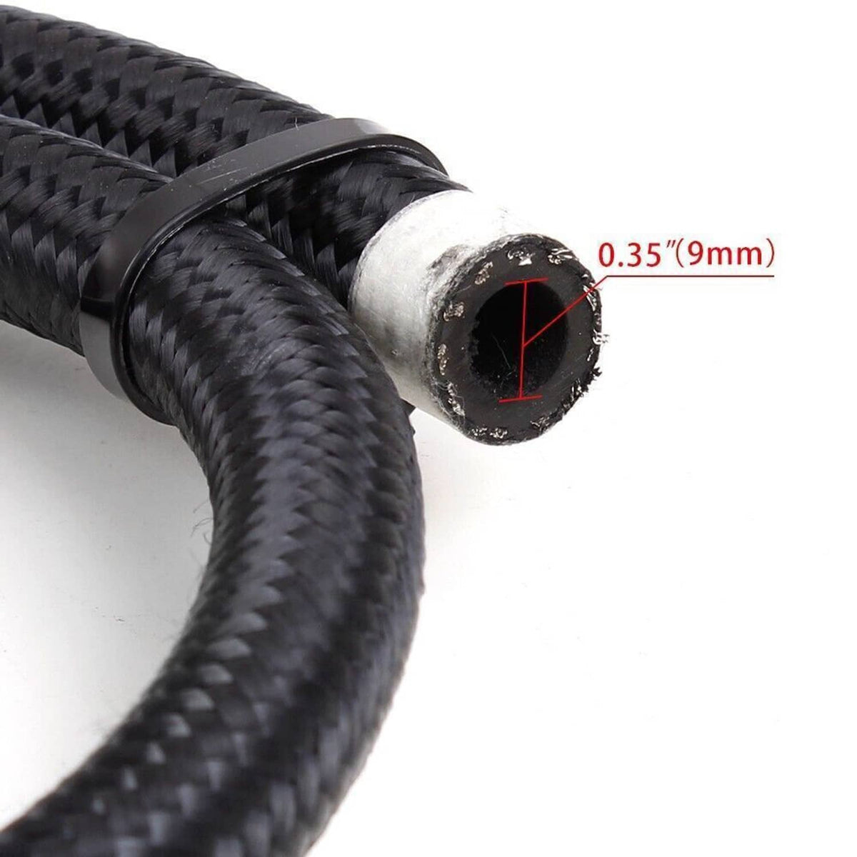 Close-up of black braided fuel hose with end fitting, marked 0.35" (9mm)