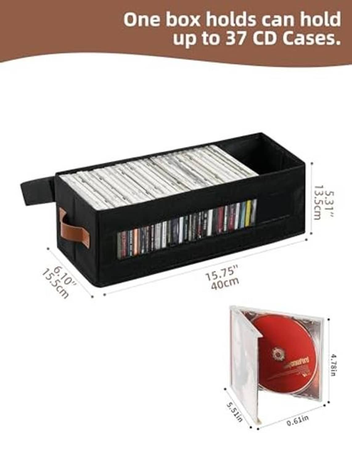 Black CD storage box with clear window and open lid, holding multiple CDs