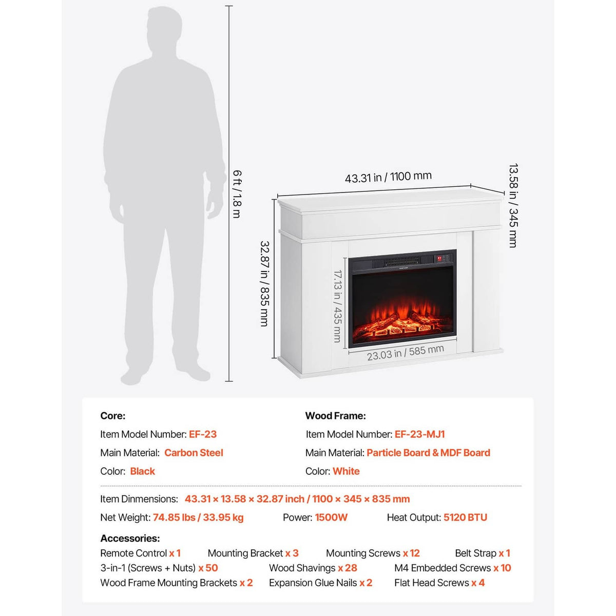 White electric fireplace mantel heater with red flame window shown in size diagram