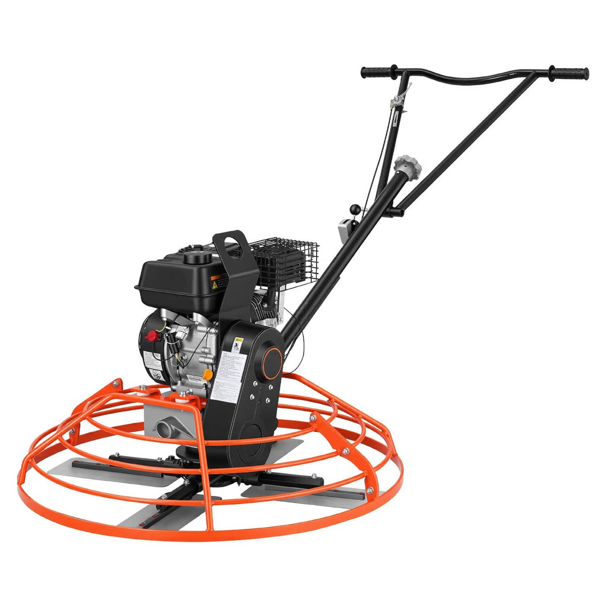 Concrete power trowel with gas engine housing, long handle, and orange circular ring